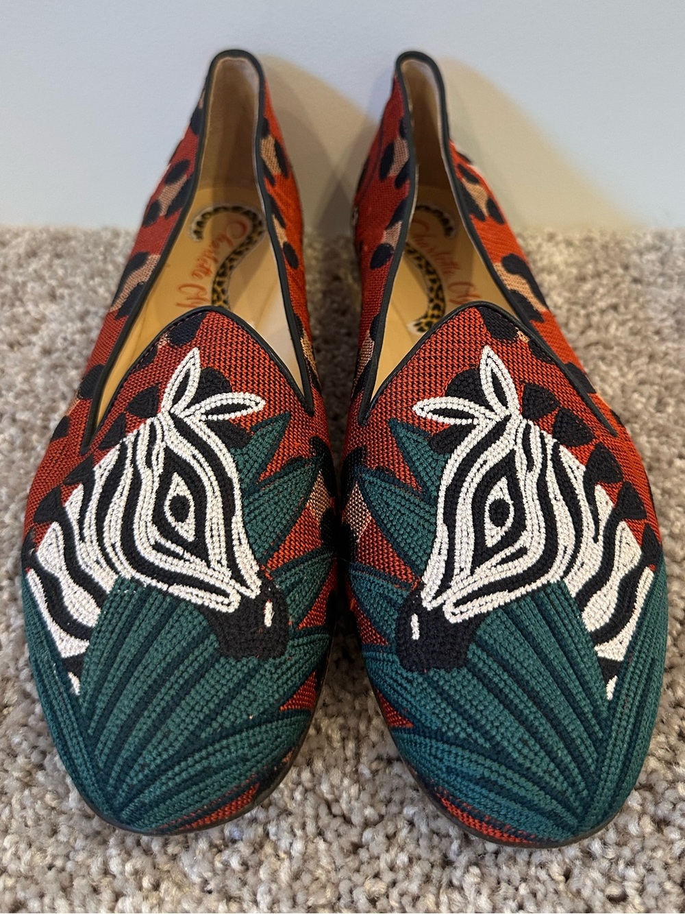 Charlotte Olympia Red, Green and White Zebra Embroidered Slip-Ons